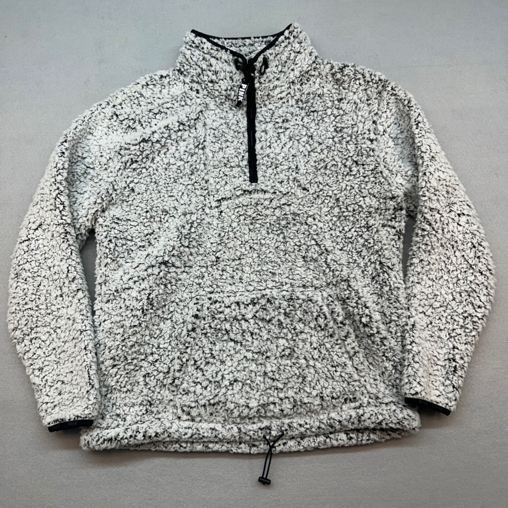 Victoria's Secret PINK Sherpa Fleece Quarter Zip Pullover Black White Medium